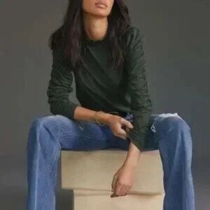 Maeve by Anthropologie Long Sleeved Ruffled Collar Dark Green Top